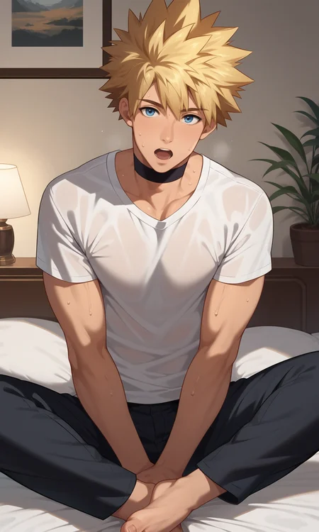 score_9, score_8_up, score_7_up, masterpiece, best quality, lots of details, ((1boy)), solo, male focus, Lenga, blonde hair, slim, spiked hair, blue eyes, open mouth, sitting, on bed, choker, white t-shirt, short sleeves, black pants, shaded, sweat, detailed shading, detailed skin, shaded skin, realistic shading, looking at viewer, Expressiveh, countershading:1.1, bedroom interior, indoors, <lora:add-detail-xl:0.7>, <lora:Smooth Anime 2 Style SDXL_LoRA_Pony Diffusion V6 XL:0.8>, <lora:Expressive_H:0.8>, <lora:Lenga_XL_V10_OPT:0.9>