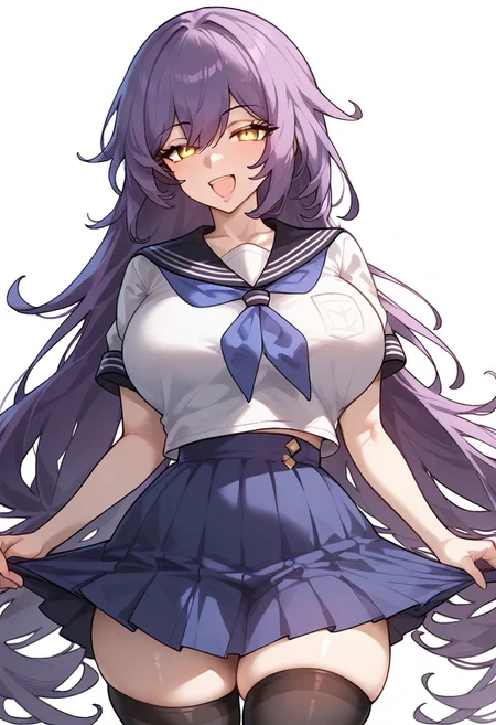 <lora:PONY-c»-Eboraart:0.7> ,score_9. score_8_up. score_7_up. score_6_up. score_5_up. score_4_up, source_anime, 1girl, solo, calm, smile, smirk, seductive, squinted eyes, blushing, open mouth, 1girl, very_massive breasts, wide hips, thin waist, thick thighs, sirin_(honkai), purple hair, long hair, bangs, yellow eyes, serafuku, blue neckerchief, white shirt, short sleeves, blue skirt, pleat skirt, black stockings, cowboy shot, white background, simple background, uncensored,<lora:add-detail-xl:1>,complex background,