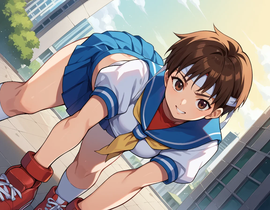 score_9, score_8_up, score_7_up, source_anime,
sakurakasugano, <lora:sakura-kasugano-ponyxl-lora-nochekaiser:1>,
sakura kasugano, brown eyes, brown hair, short hair, mature female,
ankle socks, blue skirt, crop top, headband, midriff, miniskirt, navel, sailor collar, school uniform, shoes, short sleeves, skirt, sneakers, socks, stomach, shirt, white shirt, white headband, gloves, red gloves,
outdoors, cityscape, bent over,
looking at viewer, dutch angle, cowboy shot,
