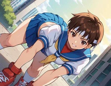score_9, score_8_up, score_7_up, source_anime,
sakurakasugano, <lora:sakura-kasugano-ponyxl-lora-nochekaiser:1>,
sakura kasugano, brown eyes, brown hair, short hair, mature female,
ankle socks, blue skirt, crop top, headband, midriff, miniskirt, navel, sailor collar, school uniform, shoes, short sleeves, skirt, sneakers, socks, stomach, shirt, white shirt, white headband, gloves, red gloves,
outdoors, cityscape, bent over,
looking at viewer, dutch angle, cowboy shot,