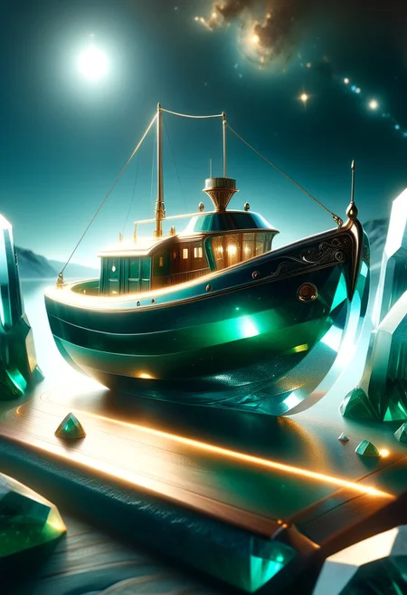 An ice boat made entirely of transparent crystal sailing on a frozen lake. It is entirely made out of transparent glass crystal with a depth that reflects what looks like the universe of galaxies and stars, ultra detailed, enhanced, prismatic colors, render, CRU, sharp, 8k, octane render, cinema 4d, blender, dark, atmospheric 4k ultra detailed, cinematic, Sharp focus, big depth of field, Masterpiece, colors, 3d octane render, 4k, concept art, hyperrealistic, Vivid colors, extremely detailed 8k wallpaper, Intricate, High Detail. Moonlit night scene with the boat focused in the light of several high intensity spotlights. Camera is looking down and sideways as the car. emeraldmorph