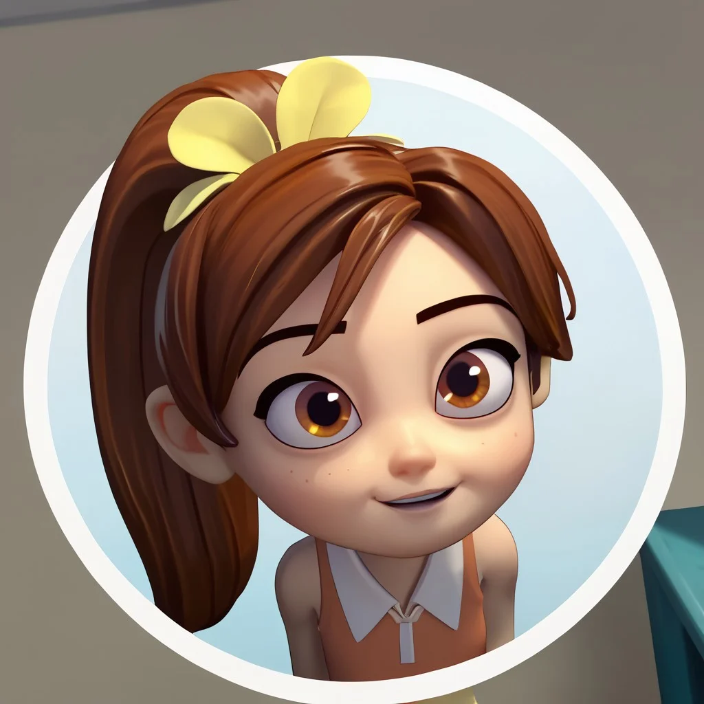score_9, score_8_up, score_7_up BREAK SunnySpell, 1girl, brown hair, ponytail, brown eyes, yellow flower scrunchie, sleeveless white-collared orange shirt, face closeup, face view, cgi, source_cgi, girl, girl focus, :3,