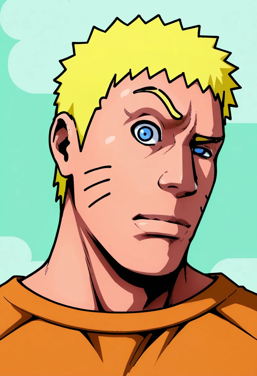 masterpiece, high quality, r0ckbr0w, looking at viewer, raised eyebrow, closed mouth, 1boy, solo, male focus, upper body, head tilt, manly, thick eyebrows, uzumaki naruto, orange shirt, konoha background,