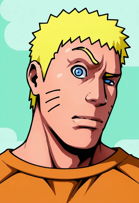 masterpiece, high quality, r0ckbr0w, looking at viewer, raised eyebrow, closed mouth, 1boy, solo, male focus, upper body, head tilt, manly, thick eyebrows, uzumaki naruto, orange shirt, konoha background,