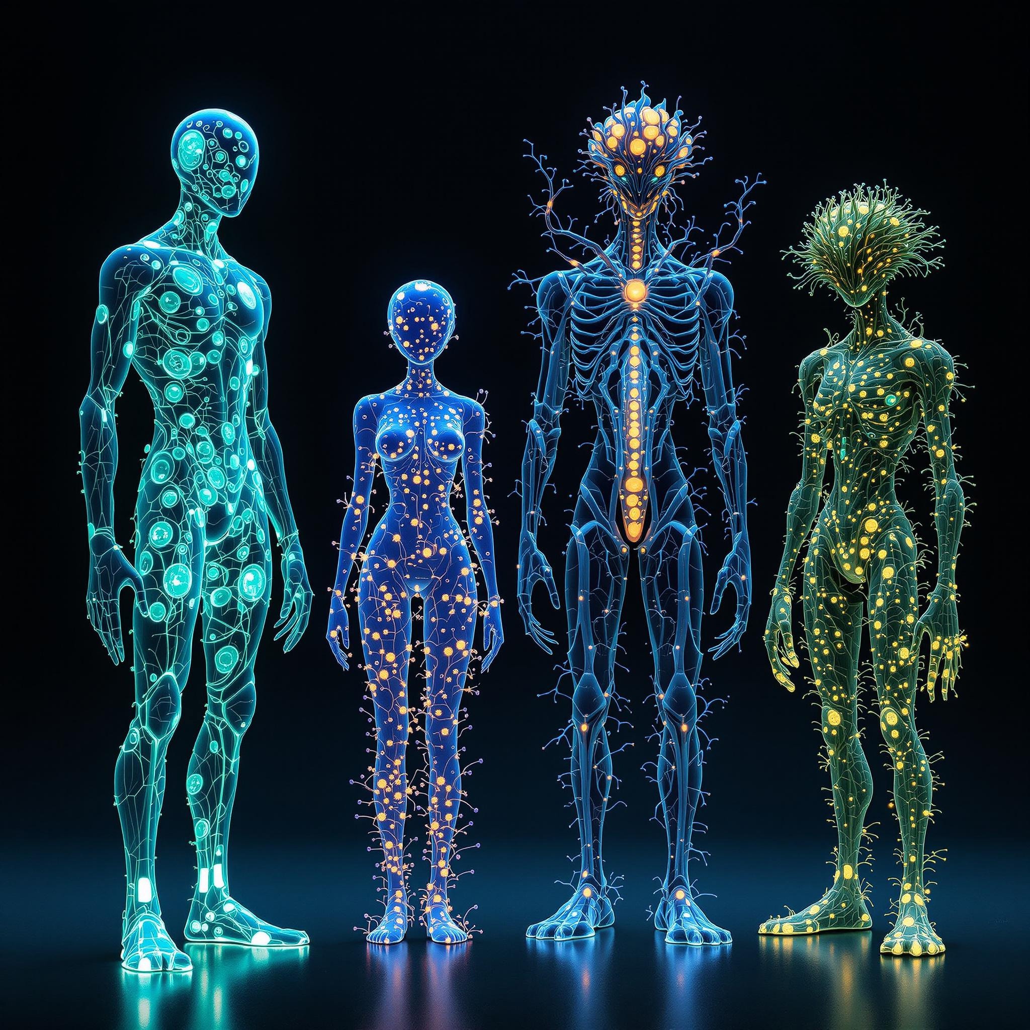 1 male protocell Humanoid, 1 female Obcells humanoid, 1 Protozoa Kaiju humanoid, and 1 fungi/Forest/elements/humanoid, the 4 are standing beside each other. 32k, 16k, 8k, masterpiece, Bioluminescence translucent body.