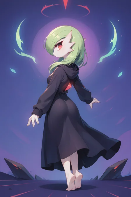 gardevoir, hoodie, red glowing eye, red eyes, looking back, dress, hovering, psycic power, fyling rocks, purple energy, <lora:drunkoak.pony:1>, <lora:visualnovel_pony_SDXLPONY_r12_768_dim32-a1-adamW:0.7> visualnovel_pony, lines, abstract background, glowing particles, full body, energy aura,, score_9, score_8_up, score_7_up