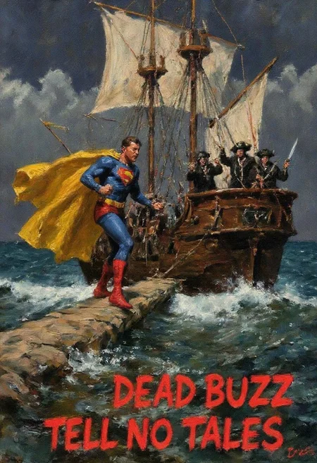 In this desperate and darkly humorous oil painting, BUZZ, the superhero with a golden cape emblazoned with a bold "B," stands precariously at the end of a creaking wooden plank extending from a worn pirate ship. The once-vibrant golden cape now seems to flutter weakly in the ominous, stormy wind, and BUZZ’s posture is tense, his hands gripping the air in a futile attempt at defiance. His eyes are wide with panic, his expression torn between heroism and terror. Around him, the pirate crew, their faces twisted in sinister determination, point sharp swords at him with ruthless precision. The pirate ship, battered by the waves, looms behind, its tattered sails billowing ominously as dark clouds swirl overhead. Below, the turbulent sea churns violently, hinting at the grim fate awaiting him. At the bottom of the painting, in stark, blood-red lettering, the words "DEAD BUZZ TELL NO TALES" are scrawled, adding a chilling, hopeless finality to the scene. The oil painting’s dark, brooding colors and heavy brushstrokes create a sense of impending doom, turning the once-comical image into a desperate struggle against inevitable defeat.