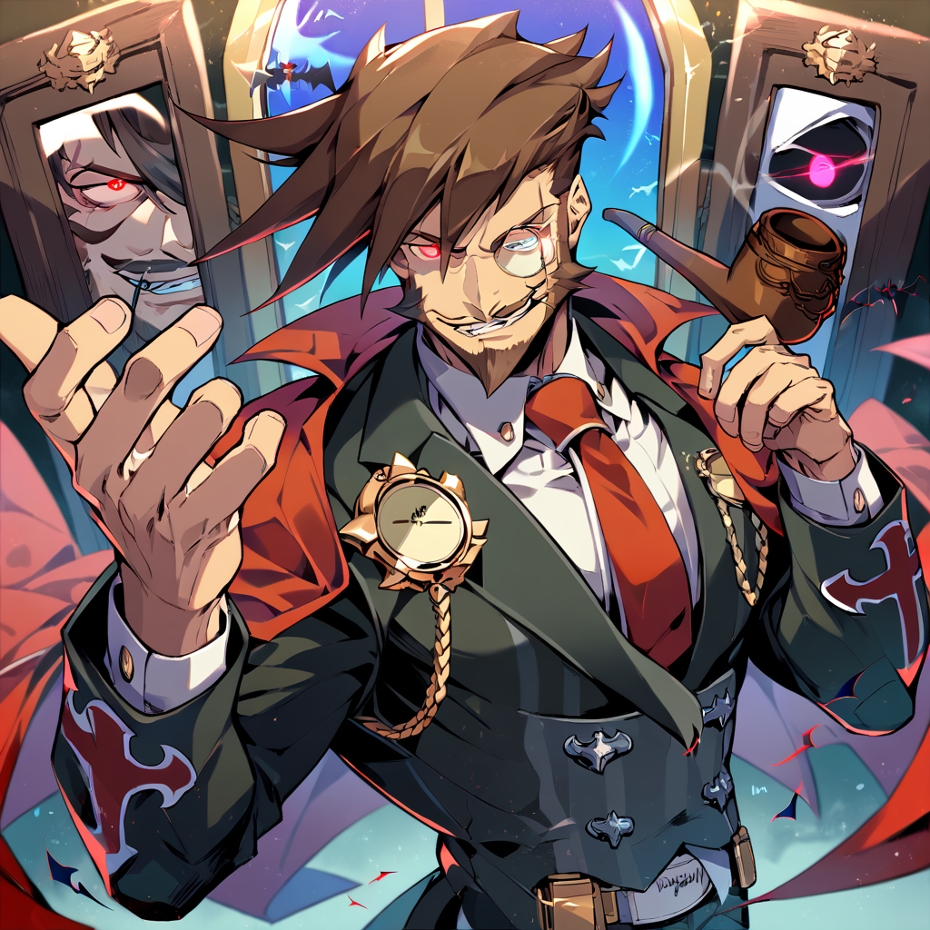 1boy, male focus, Slayer, guilty gear, score_9, score_8_up, score_7_up, score_6_up,  <lora:Slayer_from_Guilty_Gear:1>, solo, brown hair, smoking pipe, monocle, facial hair, mature male, formal, suit, cape, vampire, smirk, tie, white shirt, looking at viewer, toned, athletic, fit, fang, brown footwear, pocket watch, pipe, short hair, slicked to the side hair, mustache, male focus, best quality, amazing quality, best aesthetic, absurdres, smirk, evil smile, red eyes, glowing eyes, cocky, haughty, defiant, <lora:aesthetic_anime_v1s:0.4>, <lora:xl_more_art-full_v1:0.5> <lora:EpicF4nta5yXL:0.5>, (Posing with a sinister-looking mirror, revealing unsettling reflections),