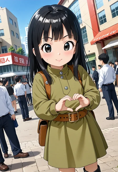 <lora:Hyper-SDXL-8steps-lora:1> <lora:Fixhands_anime_bdsqlsz_V1:1> zPDXL2, score_9, score_8_up, score_7_up, source_anime, intricate details, perfect anatomy BREAK
outdoors, city, tokyo, japan, audience, crowd, standing , heart hand duo, cowboy shot, looking at viewer, dutch angle, Sensual, A deep, intense gaze, a slow, deliberate smile, and a relaxed posture., 1girl, solo, solo focus,
<lora:DBS-mai_XL(pony)v10:1> DBS-mai, black hair, long hair, black eyes, green dress, belt, black boots, long sleeves,