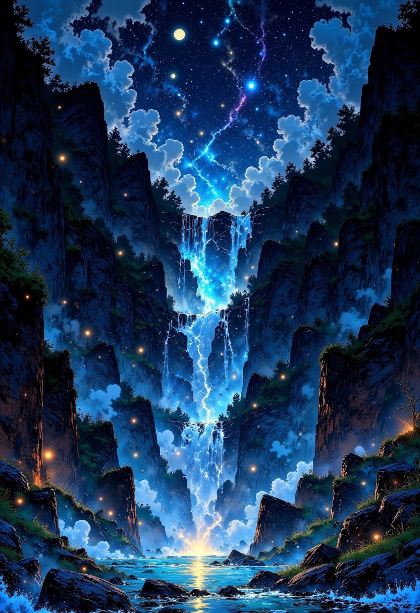 Moonlit Waterfalls of Elara – Floating Stones & Misty Light
"A breathtaking, gravity-defying waterfall cascades down from a floating island, shimmering with liquid silver under the glow of twin moons. The water doesn’t crash—it glides softly like silk, creating mist infused with tiny glowing orbs of light. Ancient ruins covered in glowing runes line the edges of the cliffs, humming softly with arcane energy."