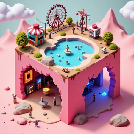 M1CR0CUB3D, aidmafluxpro1.1, A cubed world of a ruined amusement park, half-buried in pink sand. Ferris wheel bones creak in the wind. Below, a forgotten animatronic realm pulses with broken neon, where robotic animals wait for shows long canceled. Palette: faded candy colors, rust, flickering light. Style: post-apocalyptic whimsy, eerie nostalgic ruin.