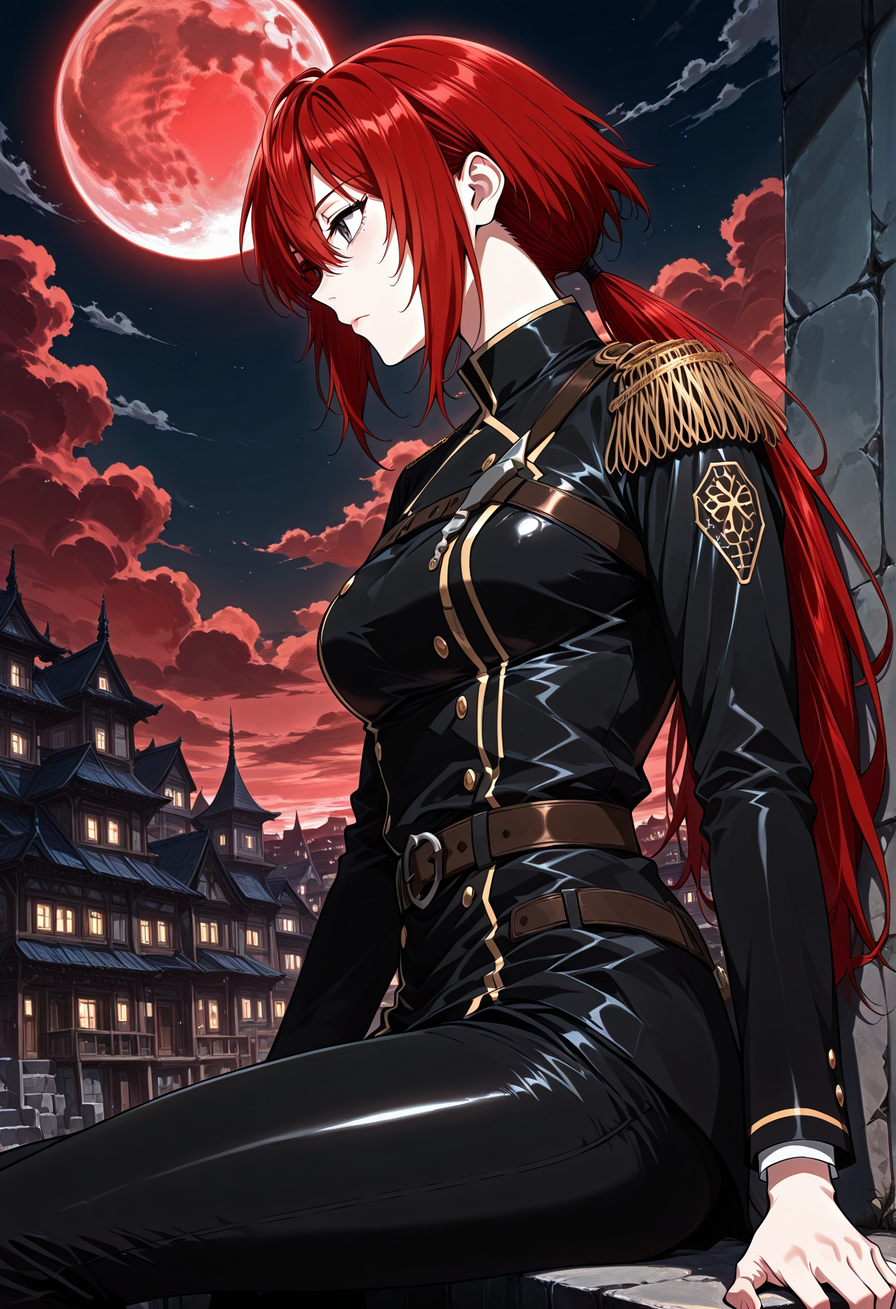 <lora:Claire_Bladeheart__The_Beginning_After_the_End__Illustrious:1>
1 girl, solo, grey eyes, red hair, ponytail, low ponytail, long hair, hair between eyes, bangs, black uniform, black jacket, black pants, epaulettes, long sleeves, belt, double-breasted,
score_9, score_8_up, score_7_up, score_6_up, source_anime, masterpiece, best quality, absurdres, highres, newest, anime coloring <break>  1girl, solo, sitting, on wall, from side, town, night sky, cloud, night, red moon,  <lora:iLLMythG0thicL1nes:1>