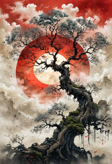 Old tree, A detailed illustration muted chinese ink painting, muted colors, rice paper texture, splash paint, halo ai, one human, one red sun. Venus. Space. Clouds wet to wet techniques. vibrant vector. using Cinema 4D<lora:xl_more_art-full_v1:0.5>