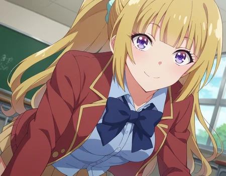score_9, score_8_up, score_7_up, source_anime,
keikaruizawa, <lora:kei-karuizawa-anime-s2-ponyxl-lora-nochekaiser:1>,
kei karuizawa, long hair, bangs, blunt bangs, purple eyes, blonde hair, shirt, hair ornament, ponytail, scrunchie, blue scrunchie, smile,
skirt, shirt, bow, school uniform, jacket, red jacket, pleated skirt, bowtie, sweater, blue bow, blue shirt,
indoors, classroom, bent over,
looking at viewer, cowboy shot, dutch angle,