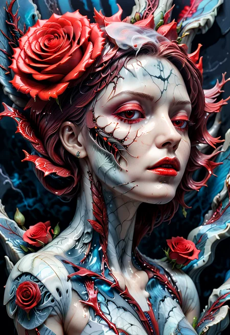 (HD, masterpiece, best quality, hyper detailed, ultra detailed, {detailed background| }, super realistic),cyberpunk woman face, cracked liquid marble, melancholic, side view, looking to the ground, tear, steam pipes connected to back neck, (feathers:1.2), (flower red rose:1.3), torns vines, bionic eyes open, glowing red light, nose piercing, GeekyXL_Liquid_Marble, add-detail-xl, xl_more_art-full_v1<lora:XL\Style\GeekyXL_Liquid_Marble.safetensors:0.8:0.8> <lora:XL\Enhance\add-detail-xl.safetensors:0.6:0.6> <lora:XL\Enhance\xl_more_art-full_v1.safetensors:0.6:0.6>