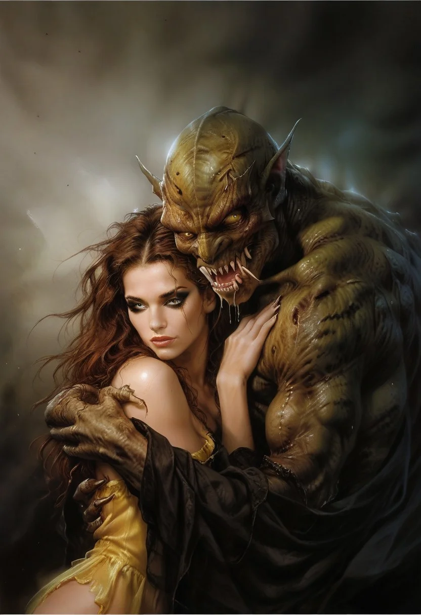 score_9, score_8_up, score_7_up, score_6_up, semi-realistic, (1girl), (1boy).
MonsterLove, male monster, Yellow monster.
blondie girl with sexy makeup.
Hug.