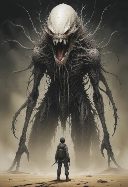 Blame! by Tsutomu Nihei In the darkness there lurks a undefined creature with a coan shape head, the creature has no eyes, his big mouth has million teeth, the creature sits on the sand inside a sandstorm. his all four are very slender and his body is bionic, the creature looks very scary