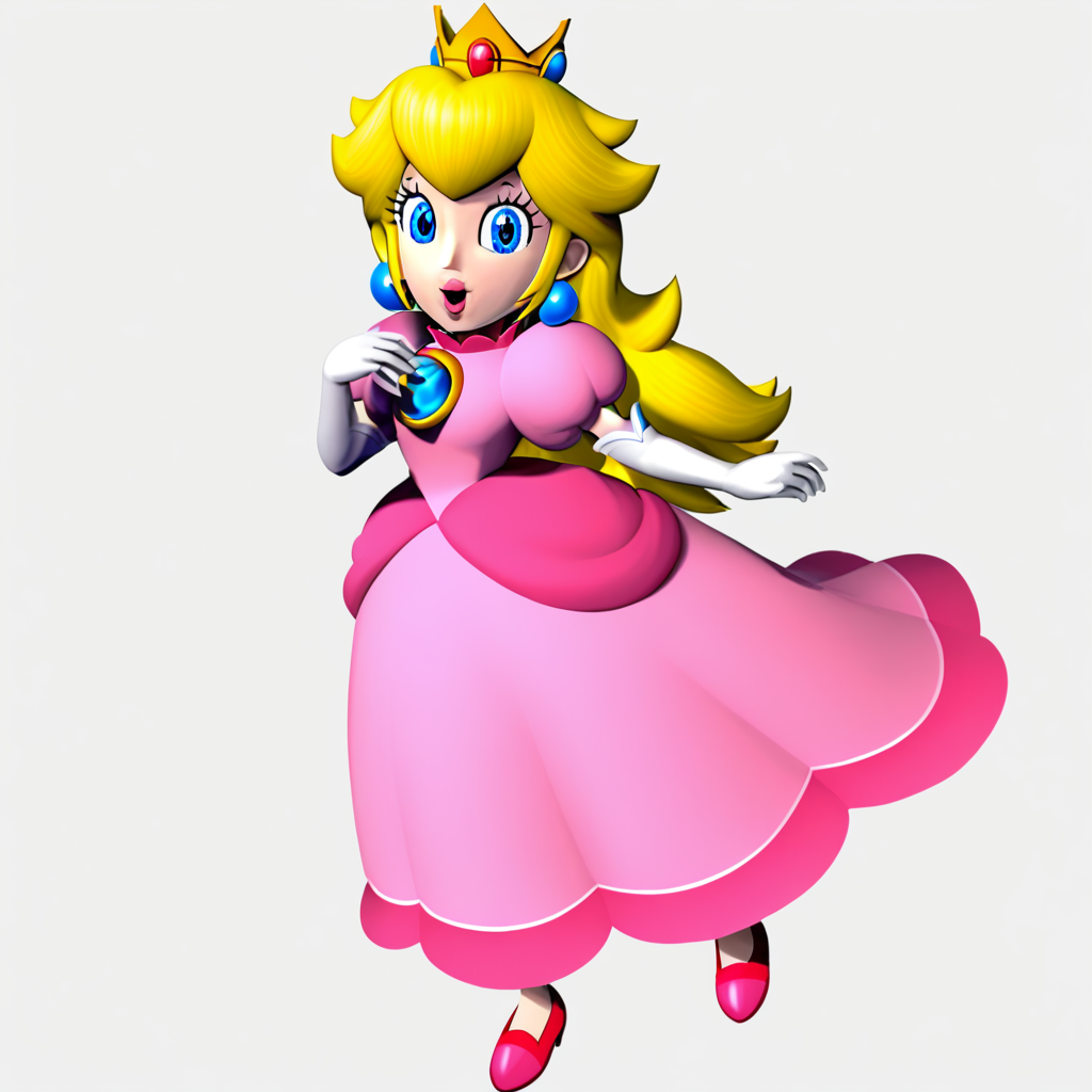 princess peach, dress, 1girl, solo, long hair, looking at viewer, open smile, gloves, full body, elbow gloves, puffy sleeves, white gloves, white background, crown