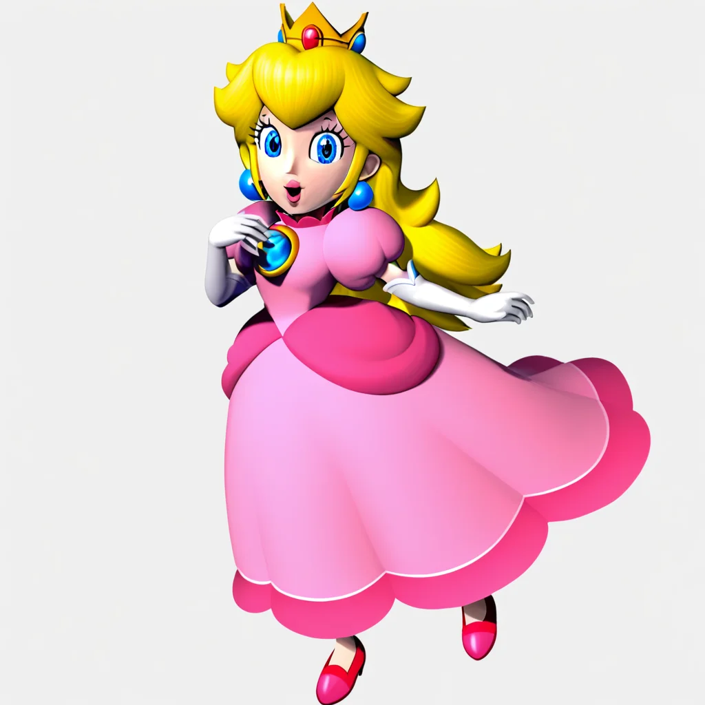 princess peach, dress, 1girl, solo, long hair, looking at viewer, open smile, gloves, full body, elbow gloves, puffy sleeves, white gloves, white background, crown