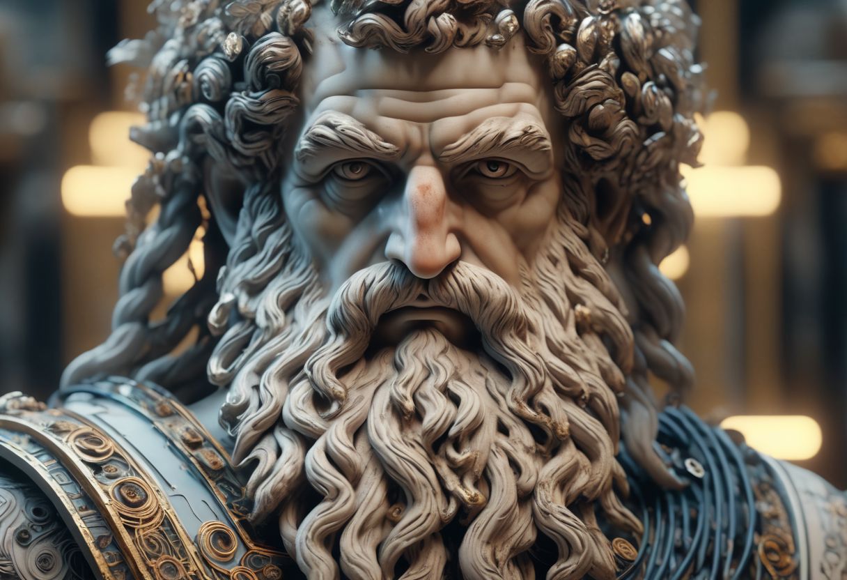 Ancient Greek Zeus, cyborg, weathered face, glowing circuits, beard, laurel wreath (metal), highly detailed, intricate, portrait, cinematic lighting, hyperrealistic, 8k,