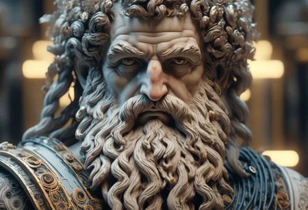 Ancient Greek Zeus, cyborg, weathered face, glowing circuits, beard, laurel wreath (metal), highly detailed, intricate, portrait, cinematic lighting, hyperrealistic, 8k,
