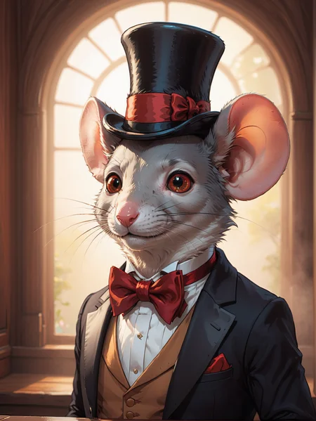 most detailed image of a very high quality masterpiece, glossy surface, vibrant colors, complex composition, volumetric lighting, exquisite detailed features, photorealistic, absurdres, swirling mist, light source, subsurface scattering, glint, rule of thirds, little furry mouse, <lora:Radiant_Darkness:1> Radiant Darkness, (top hat, tuxedo, red bowtie, monocle:1.2), <lora:EldritchComicsXL1.2:0.5> comic book <lora:Art_Nouveau_Pony:0.6> art nouveau <lora:Real Furry4:0.3> anthro, furry, pov, photo,