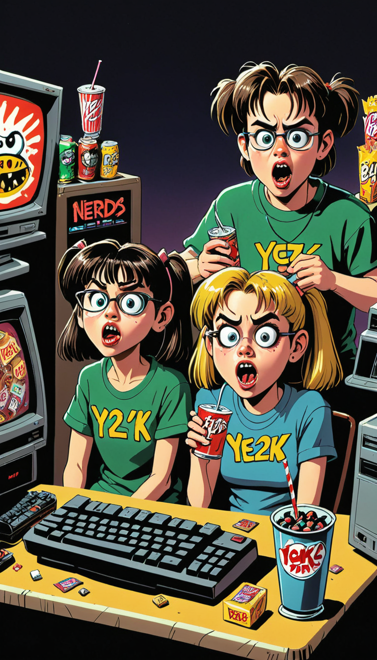 <lora:Everly Heights Comics:1> a LAN party on the night of Y2K in 1999, with (1990s teen boy and girl nerds:1.2) gaming on bulky CRT monitors, surrounded by snacks and soda as the Y2K bug hits, inspired by the works of David Carson and April Greiman, cinematic composition, trending on artstation. Horror.