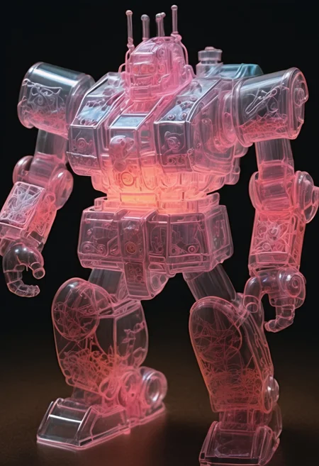 *Blown-Glass* *Fragile* *Delicate* *Dainty* *Brittle* *guncannon_mass_production_type inside glass* *pastel marble table* *made of,tiny neon glass filaments,* *neon filaments* *upper body view* *cowboy shot*