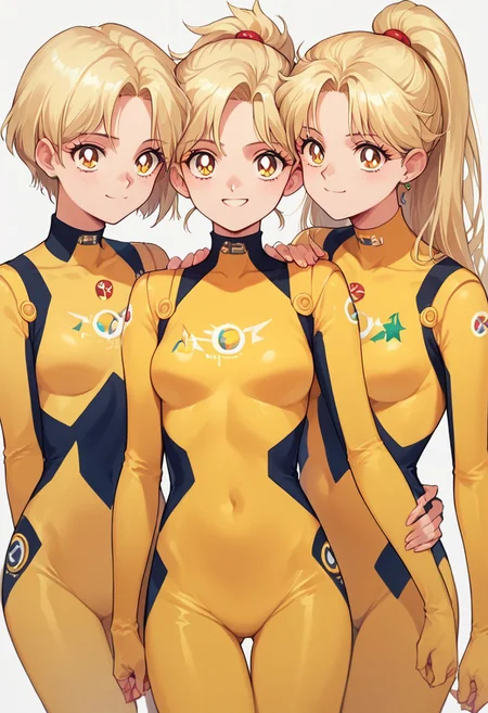 (masterpiece), best quality, (3girls), teen identical triplet sisters with blonde hair, one with a ponytail, the other with short hair and the other with long hair and yellow eyes, they wear yellow acrobat bodysuit, smiling, score_9, score_8_up, score_7_up, source_anime, score_9, score_8_up, score_7_up, sm90s