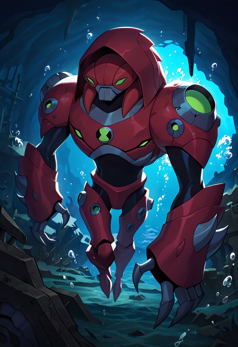 masterpiece, best quality, amazing quality, very aesthetic, absurdres, newest,, detailed background, 
waterhazard, solo, red armor, red hood up, , helmet, mecha, alien, claws, green eyes, 1boy, 
Atlantis, sunken city, in ruins, underwater, sea monster, bubbles,