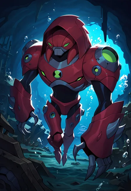 masterpiece, best quality, amazing quality, very aesthetic, absurdres, newest,, detailed background,
waterhazard, solo, red armor, red hood up, , helmet, mecha, alien, claws, green eyes, 1boy,
Atlantis, sunken city, in ruins, underwater, sea monster, bubbles,