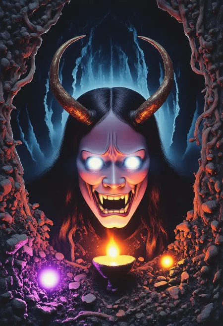 Satyr ArsMovieStill, movie still from a 1970s horror movie Studio Ghibli Dark Fairytale depicting a cursed hannya mask with horns and fangs in an eerie dark forest amidst twisting vines and luminous purple mushrooms