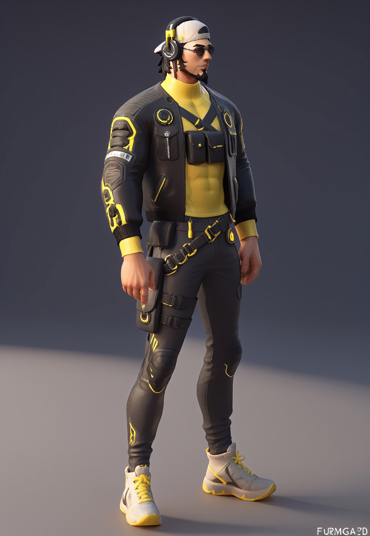 score_9_up, score_8_up, score_7_up, 3d, solo, 1boy, fort_wiret@p, black hair, goatee, cap, headphones, sunglasses, yellow shirt, black jacket, pants, sneakers, hip bag, standing,