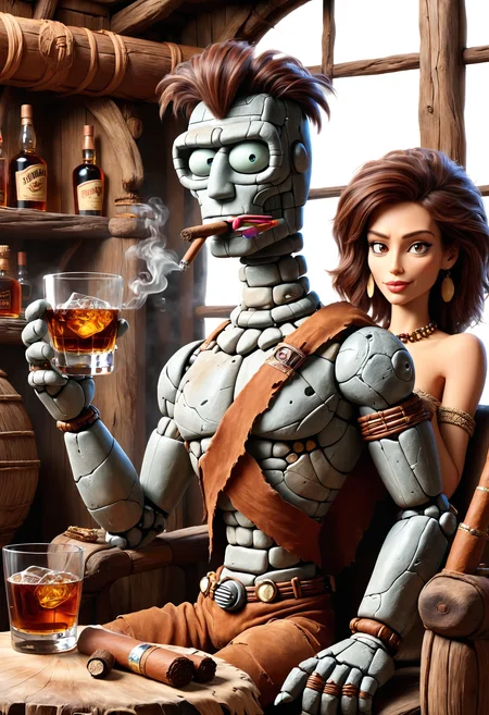 Futurama Bender made of dvr-stnd holding a cigar and a glass of whiskey, surrounded by beautiful women <lora:dvr-stnd:1>