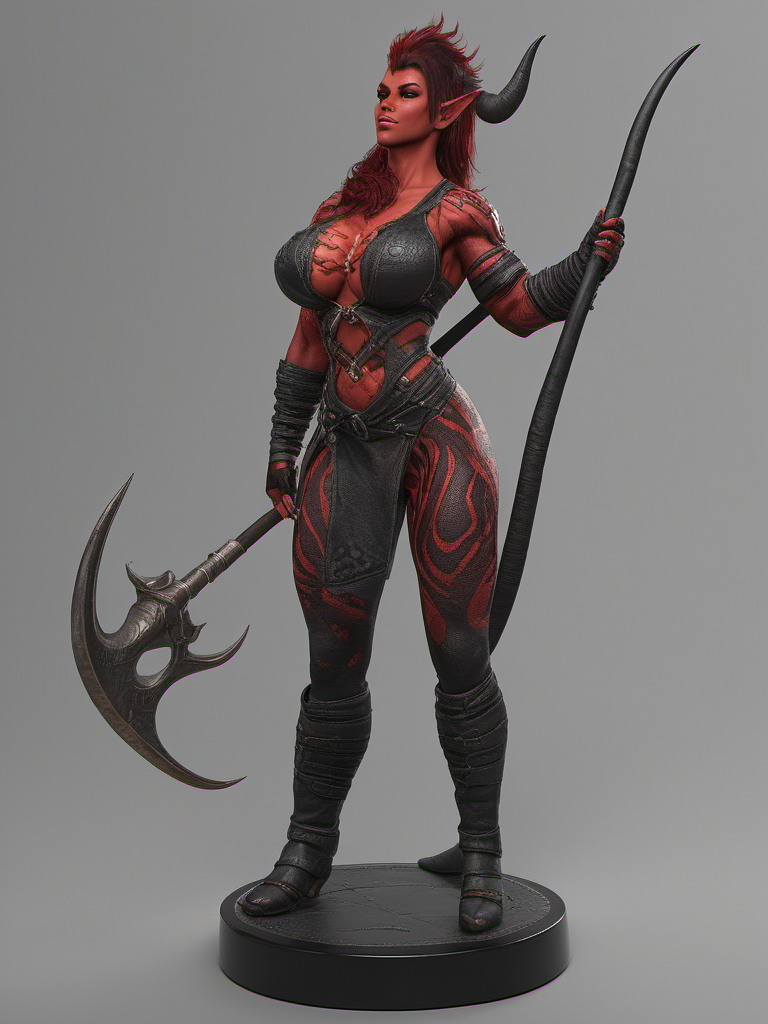 photo, nude ,Karlach , ifbb,  modeling, standing, hold spear, giant red skin , muscular sexy red Tiefling, huge tits, smiling, fiery eyes, white teeth, detailed skin, black hair,  , Devil_Girl_XL , huge boobs,   giant, (( red skin )), Red hair highlights, Huge breasts, <lora:Devil_Girl_XL-000007:0.5> red tail.