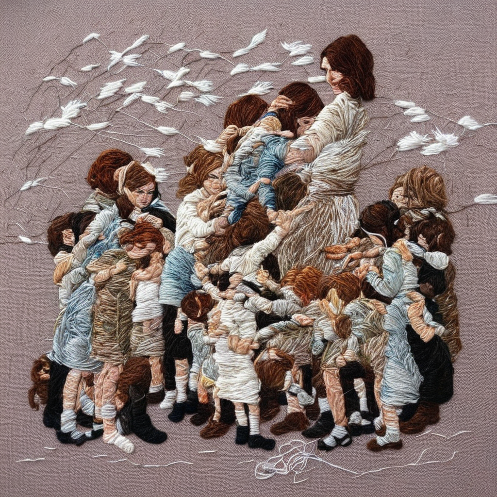 <lora:SDXL_embroidery_Sa_May_V8:1> embroidery,  a woman with kids