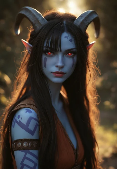 masterpiece, best quality, highly detailed, score_9, score_8_up, score_7_up, Expressiveh,
rmsns, 1girl, portrait, beautiful, tiefling shaman, black hair, (long hair:1.3), side bangs, horns, barbarian, gladiator, war paint, tribal markings, long tail, blue skin, red lips, red eyes, glowing eyes, (smug:0.85), dramatic lights, detailed
<lora:Dynamic Poses:1>
<lora:detailed_notrigger:1>
(((full clothed))),