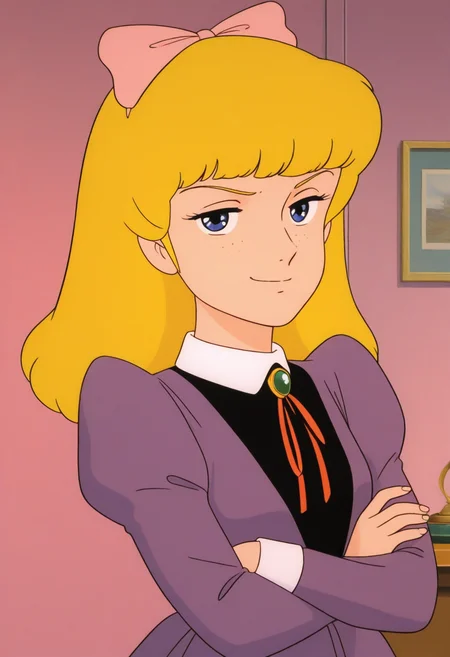 masterpiece, best quality, source_anime,official art,perfect_anatomy,1980s_\(style\),retro_artstyle,1girl,solo,Lavinia Herbert,blonde_hair,long_hair,hair_bow,neck_ribbon,shirt,purple_dress,puffy_sleeves,crossed arms,looking_at_viewer,smug face,upper body,close_to_viewer,front view,indoors,bedroom