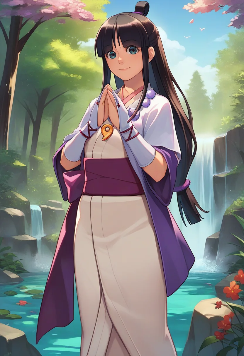 score_9, score_8_up, score_7_up, source_anime, solo, 1girl, sojmaya, smile, looking at viewer, praying, half updo, hair ornament, japanese clothes, kimono, sash, obi, bridal gauntlets, necklace, magatama, outdoors, forest, waterfall <lora:aa_soj_mayafey_ponyXL:1>