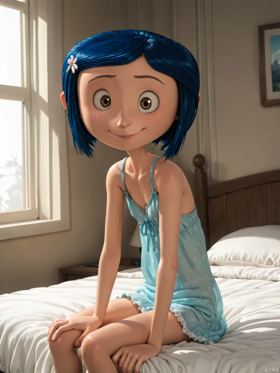 (masterpiece,best quality,newest,absurdres,highres), C0r4l1n3, 1girl, solo, short hair, blue hair, hair ornament, brown eyes, hairclip, freckles, 1girl, sitting, bed, bedroom, morning light, soft shadows, negligee, relaxed pose, cozy, backlight, dreamy mood, window light, casual, intimate atmosphere, looking at viewer, smile  <lora:Coraline_IllustriousXL:0.8>