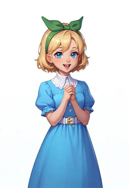 score_9, score_8_up, score_7_up, score_6_up, CasGAC, masterpiece, best quality, detailed eyes, detailed face, perfect eyes, high detailed, absurdres, highres, BREAK 1girl, kid, child, little girl, solo, smile, happy, opened mouth, teeth, blonde medium hair, eyebrows up, green headband on head, blue eyes, blue dress with puff sleeve, white collar, white borders on the edge of sleeves, white belt with green buckle, white buttons on dress, BREAK hands up, hands together, looking at viewer, standing, cowboy shot, semi-sideways, half-sideways, BREAK simple background, white background
