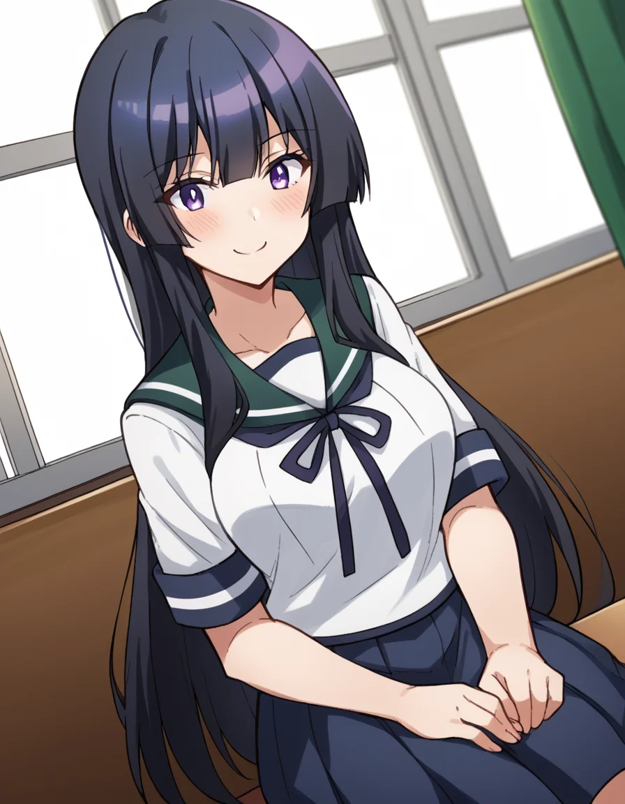 score_9, score_8_up, score_7_up, source_anime, <lora:spyroom-thea-s2-ponyxl-lora-nochekaiser:1>, thea, long hair, bangs, black hair, purple eyes, black hair, large breasts,, <lora:kancolle-fubuki-cosplay-ponyxl-lora-nochekaiser:1>, kancolle fubuki cosplay, fubuki (kancolle) (cosplay), blue skirt, cosplay, pleated skirt, sailor collar, school uniform, serafuku, neckerchief, ribbon,, indoors, smile, blush, sitting, classroom,, cowboy shot, looking at viewer,, , dutch angle, cowboy shot