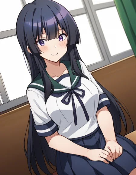 score_9, score_8_up, score_7_up, source_anime, <lora:spyroom-thea-s2-ponyxl-lora-nochekaiser:1>, thea, long hair, bangs, black hair, purple eyes, black hair, large breasts,, <lora:kancolle-fubuki-cosplay-ponyxl-lora-nochekaiser:1>, kancolle fubuki cosplay, fubuki (kancolle) (cosplay), blue skirt, cosplay, pleated skirt, sailor collar, school uniform, serafuku, neckerchief, ribbon,, indoors, smile, blush, sitting, classroom,, cowboy shot, looking at viewer,, , dutch angle, cowboy shot