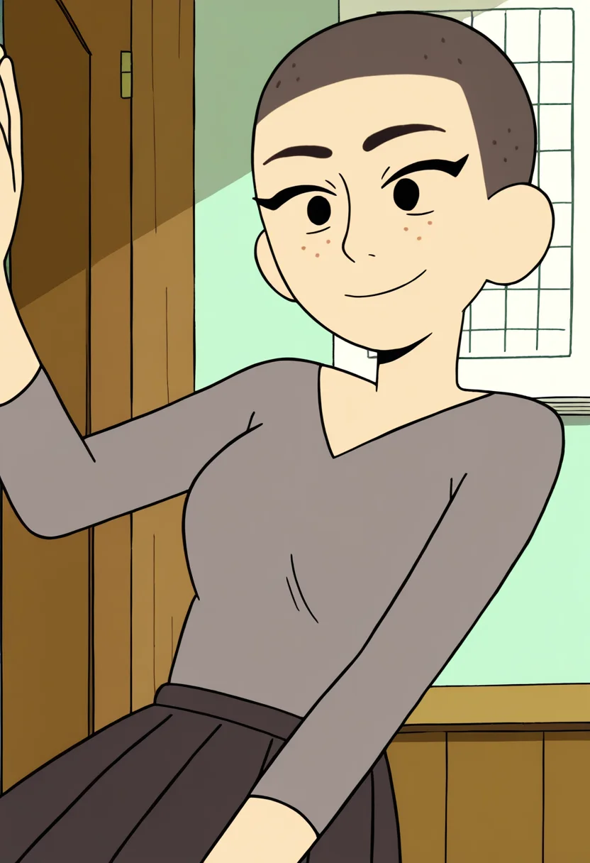 masterpiece, best quality, absurdes, 1girl, solo,
source_cartoon,
<lora:Kat (Craig of the Creek) (Illust):0.8> Kat_CotC, black eyes, freckles, very short hair, smile, black eyes,
beautiful, cute, gray shirt, long sleeves, pleated skirt, dark skirt, mature female, medium breasts, smile,
indoors,
<lora:Detailer_NoobAI_Incrs_v1:0.6> detailed,