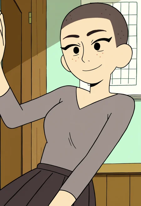 masterpiece, best quality, absurdes, 1girl, solo,
source_cartoon,
<lora:Kat (Craig of the Creek) (Illust):0.8> Kat_CotC, black eyes, freckles, very short hair, smile, black eyes,
beautiful, cute, gray shirt, long sleeves, pleated skirt, dark skirt, mature female, medium breasts, smile,
indoors,
<lora:Detailer_NoobAI_Incrs_v1:0.6> detailed,