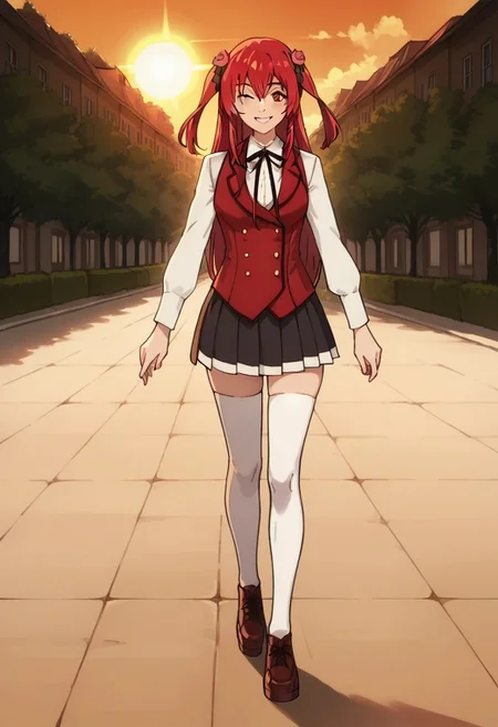 score_9, score_8_up, score_7_up, score_6_up, source_anime, anime coloring, smile, full body, <lora:Amelia_Rose:1> amelia_rose, red hair, solo, red eyes, school uniform, white thighhighs,
walking by the street of small village, 3/4 side view, wide smile, winking, looking at viewer, full body view, close view, sexy pose, beautiful background, sun rays