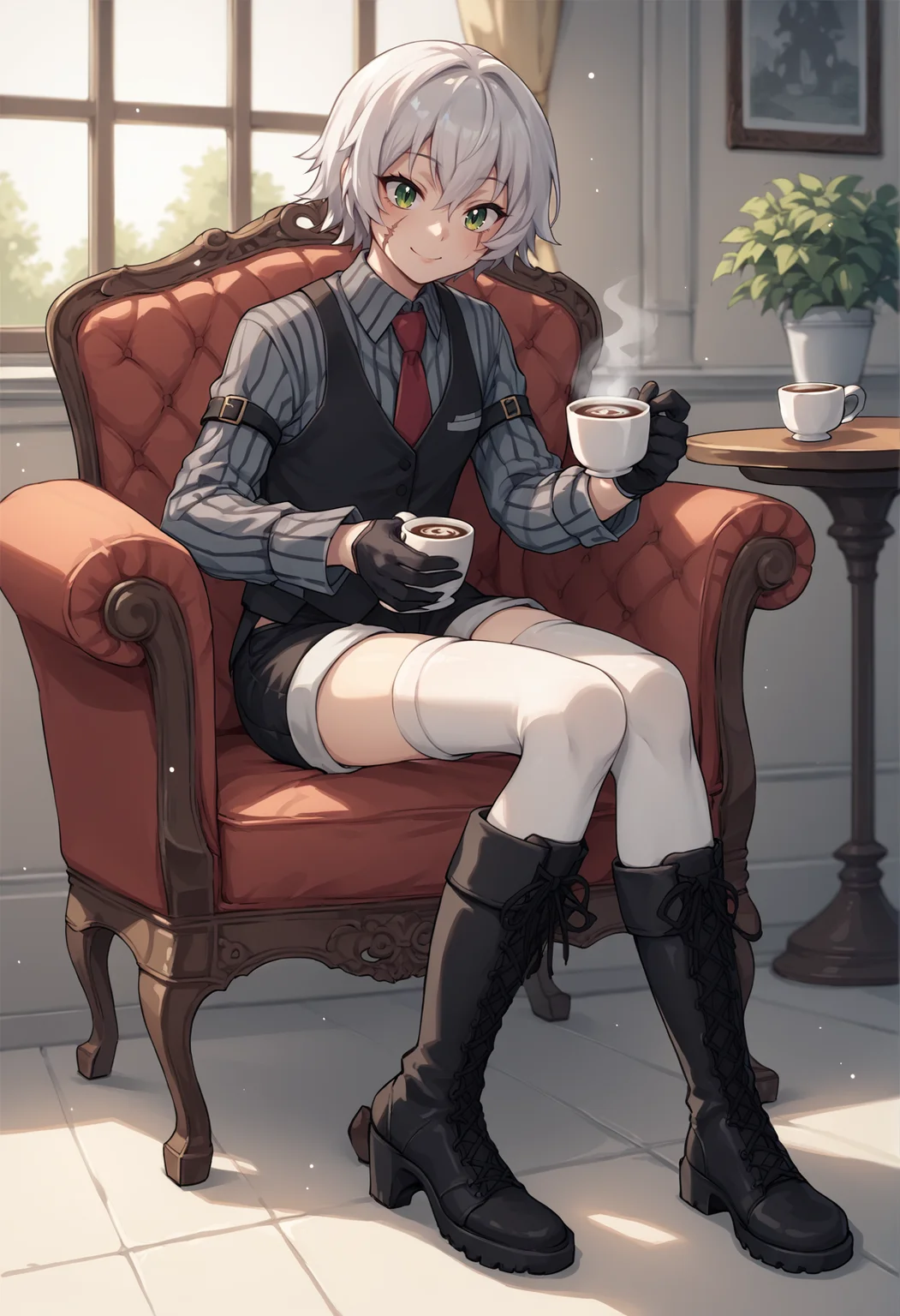 1girl, short hair, grey hair, green eyes, scar on face, scar on cheek, scar across eye, thighhighs, shorts, vest, black vest, shirt, striped shirt, vertical-striped shirt, boots, lace-up boots, arm belt, necktie, gloves, indoors, mansion, cowboy shot, full body, sitting, holding cup, hot chocolate, smile <lora:Jack_the_Ripper_XL:0.8>, score_9, score_8_up, score_7_up, score_6_up, score_5_up, score_4_up, BREAK source_anime, masterpiece