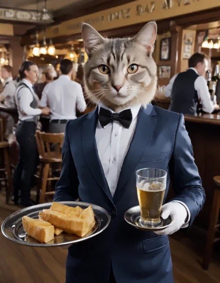 serxyz fooddrinks , front view , (cat in suit) with a tray in a crowded pub <lora:Serving:1>