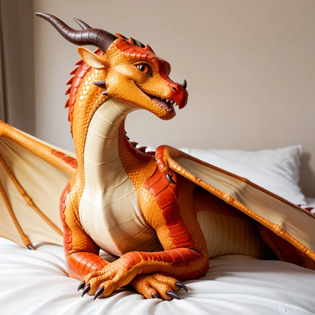 score_9, score_8_up, score_7_up, score_6_up, score_5_up, score_4_up, masterpiece, high quality, realistic, detailed, best quality, white bed, solo, rating_safe, source_furry, bedroom, smiling, open mouth smile, happy, detailed eyes, detailed face, (looking at viewer), lying on belly, skywing_wof, dragon, scales, orange scales, wings, tail, horns, claws, 1girl, female, orange eyes, feral, spread wings