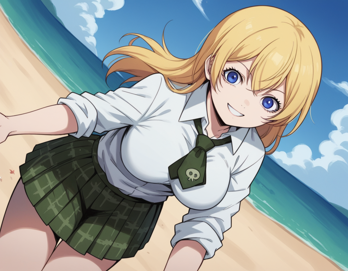 score_9, score_8_up, score_7_up, source_anime,
btooomhimiko, <lora:btooom-himiko-s1-ponyxl-lora-nochekaiser:1>,
himiko, long hair, blue eyes, blonde hair, large breasts,
skirt, shirt, school uniform, white shirt, pleated skirt, necktie, plaid, plaid skirt, sleeves rolled up,
beach, bent over, smile,
looking at viewer, cowboy shot, solo, dutch angle